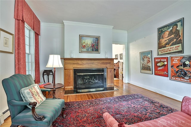 interior space with light hardwood / wood-style floors, a baseboard heating unit, and ornamental molding