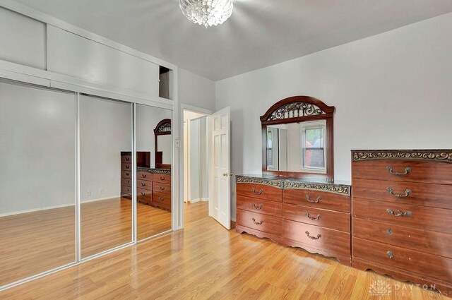 unfurnished bedroom featuring light hardwood / wood-style flooring and a closet