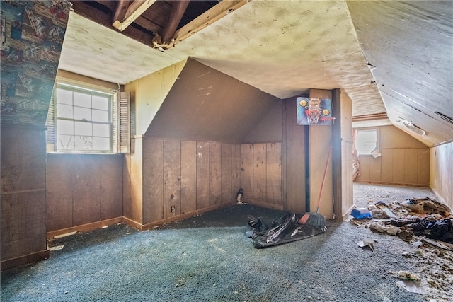 additional living space with carpet floors, a healthy amount of sunlight, lofted ceiling, and wooden walls