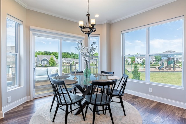 dining room featuring ornamental molding, dark hardwood / wood-style flooring, and a notable chandelier