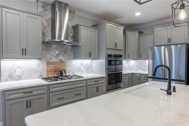 kitchen with backsplash, sink, wall chimney range hood, and appliances with stainless steel finishes