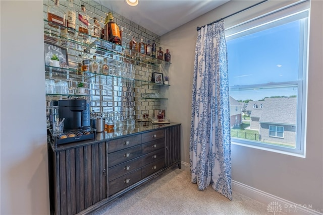 bar featuring dark brown cabinets and light colored carpet