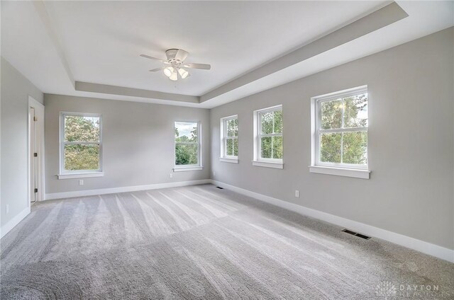 spare room with ceiling fan, a raised ceiling, light carpet, and a wealth of natural light