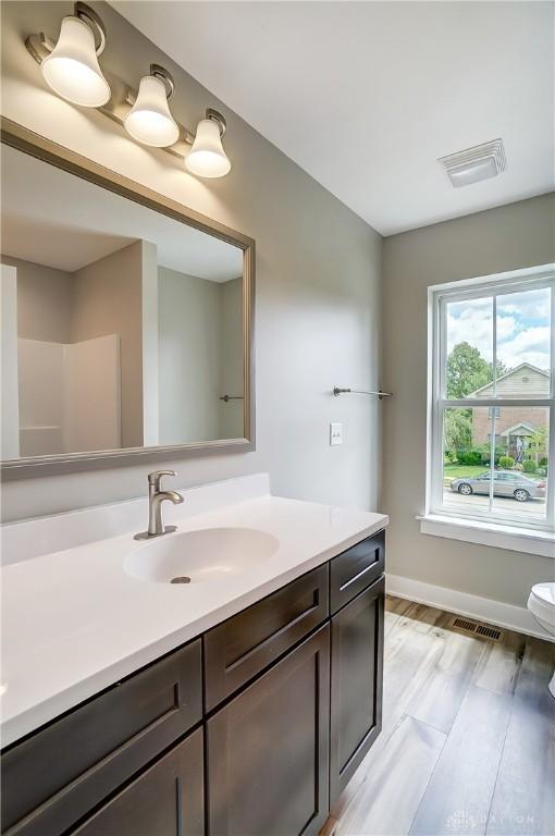 bathroom with vanity, hardwood / wood-style flooring, and a shower