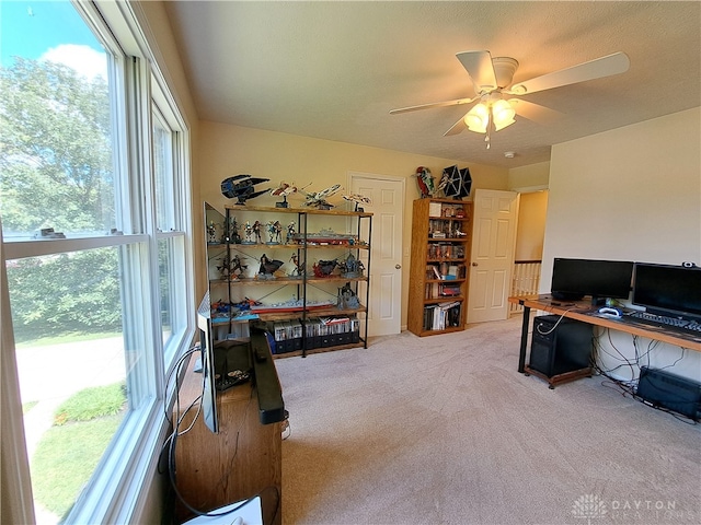 carpeted office space with ceiling fan and a healthy amount of sunlight