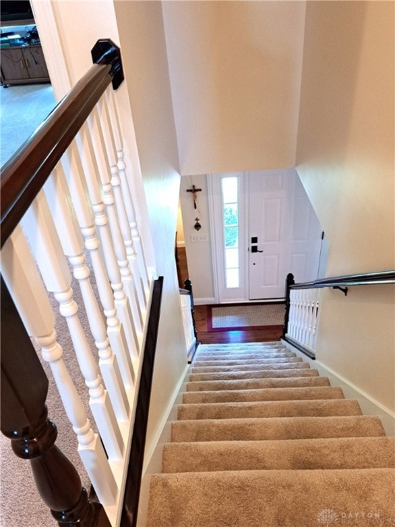 stairway with carpet flooring