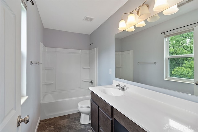 full bathroom featuring tile patterned flooring, shower / bathing tub combination, toilet, and vanity