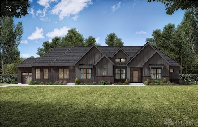 4870 Bunnell Hill Rd, Lebanon, OH 45036 - modern inspired farmhouse with board and batten siding, an attached garage, a front yard, and brick siding