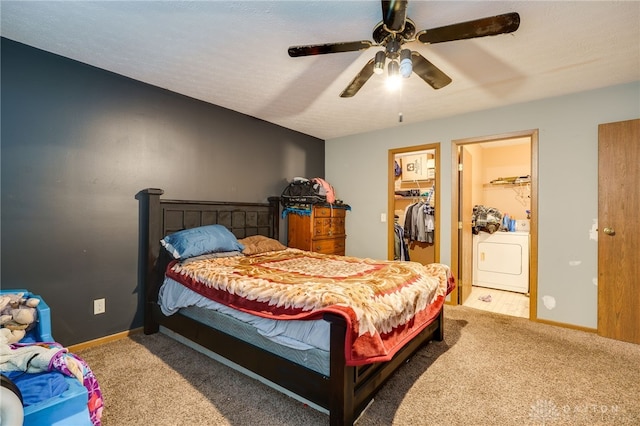 bedroom with ceiling fan, carpet floors, washer / dryer, a walk in closet, and a closet