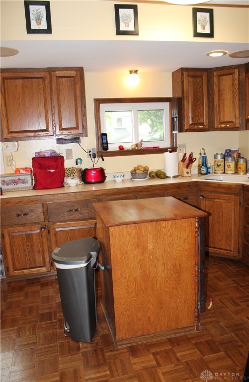 kitchen featuring a kitchen island, sink, and dark parquet flooring