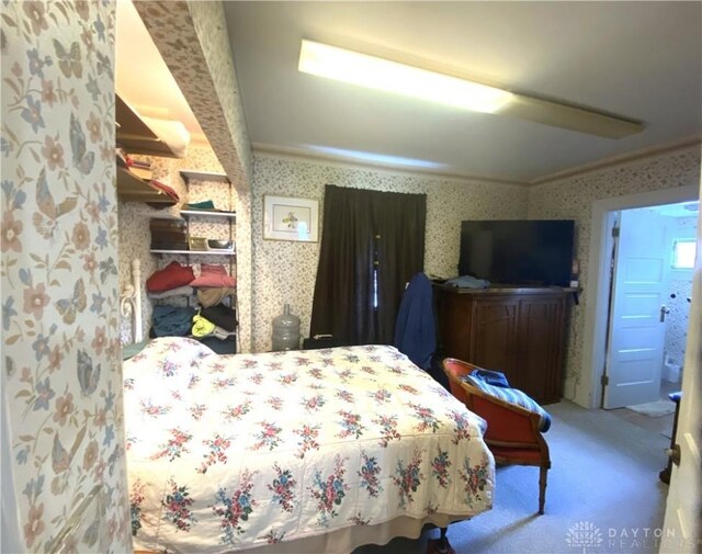 carpeted bedroom featuring ensuite bath