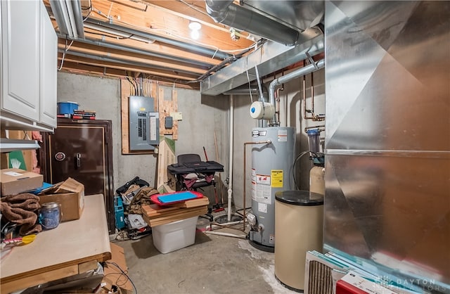 interior space with electric panel and water heater