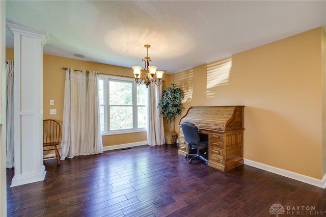 office space featuring dark wood-type flooring and a chandelier