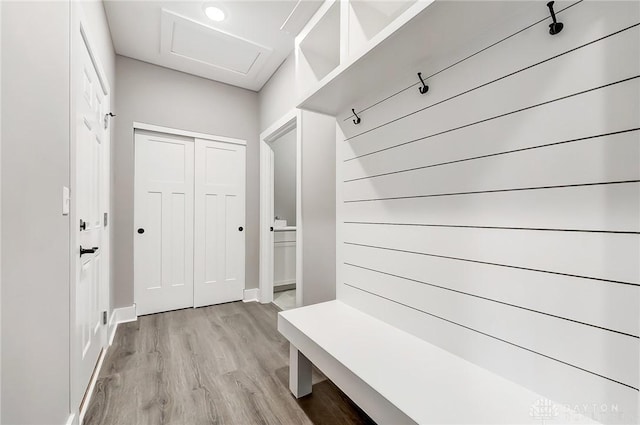 500 Creekside Ln, Lebanon, OH 45036 - mudroom featuring attic access, baseboards, and light wood finished floors