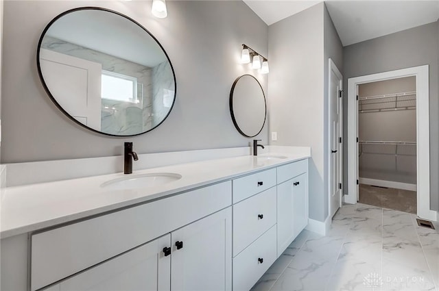 500 Creekside Ln, Lebanon, OH 45036 - full bathroom featuring baseboards, marble finish floor, a sink, and double vanity