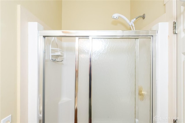 bathroom featuring a shower with shower door