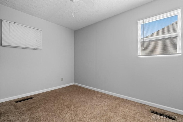 unfurnished room with carpet and a textured ceiling