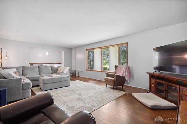 living room with radiator and dark wood-type flooring