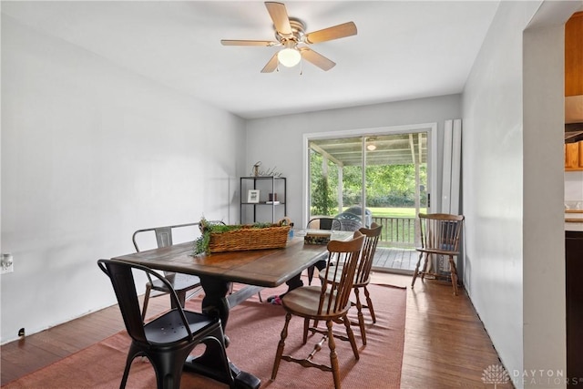 dining room with ceiling fan and dark hardwood / wood-style floors