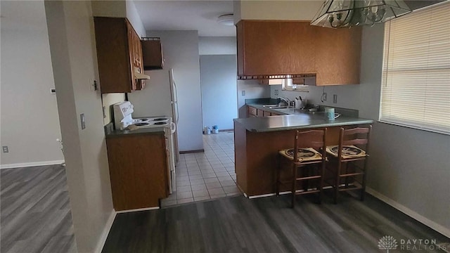 kitchen with sink, white electric range, and dark wood-type flooring