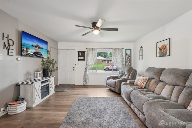 living room with ceiling fan and wood-type flooring