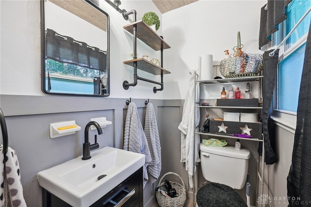 bathroom with vanity, lofted ceiling, and toilet