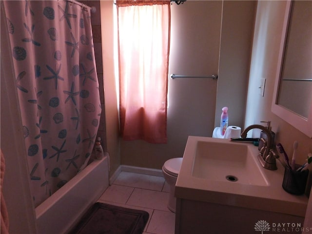 full bathroom with vanity, shower / bath combo, tile patterned flooring, and toilet