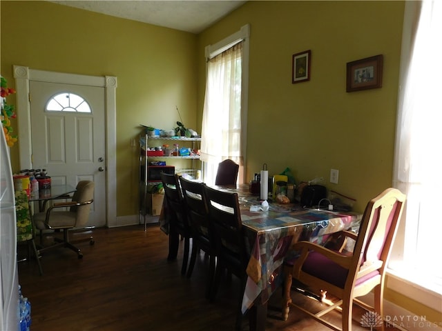 dining room with dark wood-type flooring and a wealth of natural light