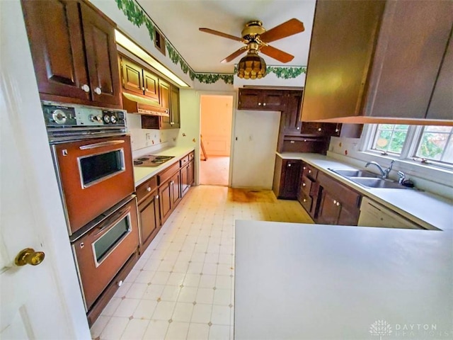 kitchen with black electric cooktop, sink, oven, and ceiling fan