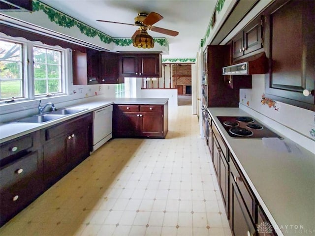 kitchen featuring ceiling fan, sink, and white appliances