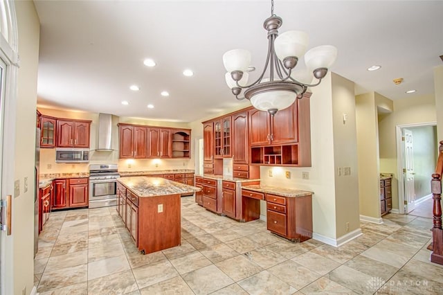 kitchen with stove, wall chimney range hood, hanging light fixtures, light tile patterned floors, and a center island