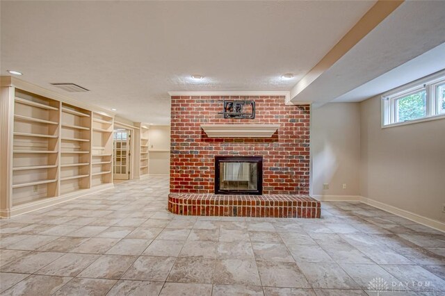 unfurnished living room featuring light tile patterned flooring, built in features, and a brick fireplace