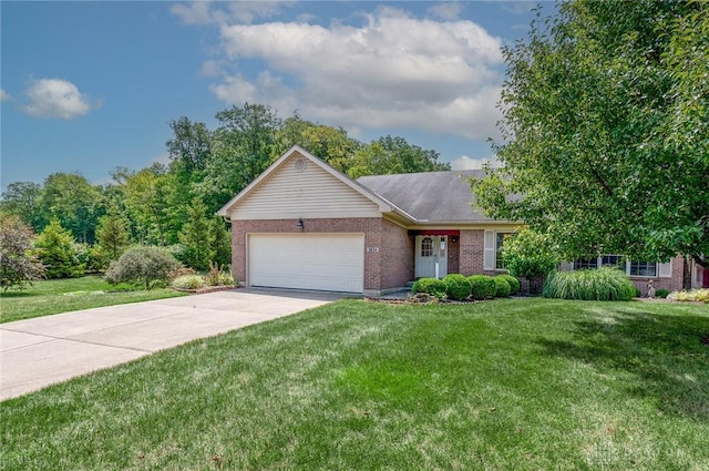 ranch-style house featuring a garage and a front yard