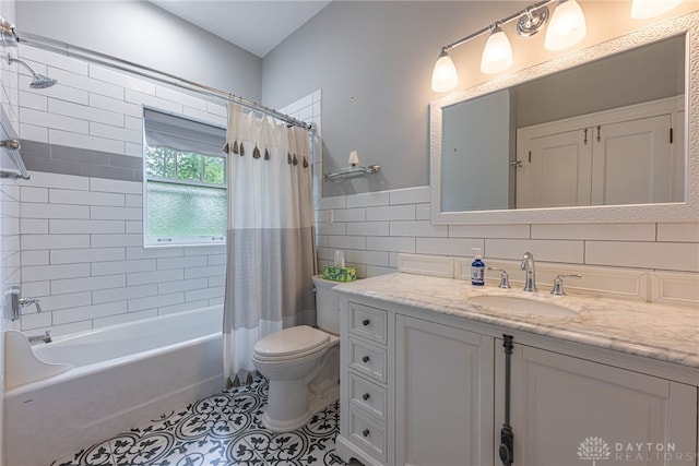 full bathroom with backsplash, tile patterned floors, vanity, toilet, and shower / bathtub combination with curtain