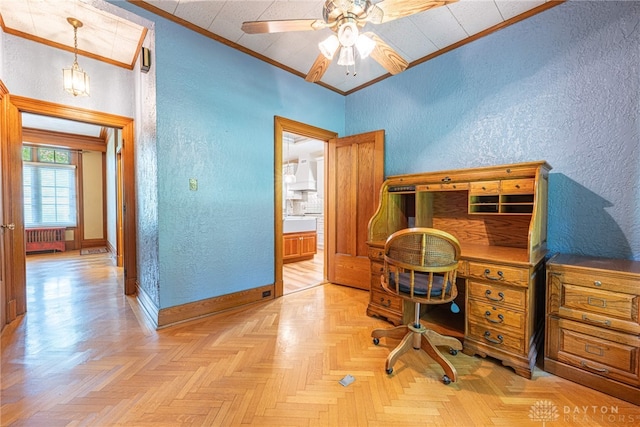 office with ceiling fan, light parquet flooring, and radiator heating unit