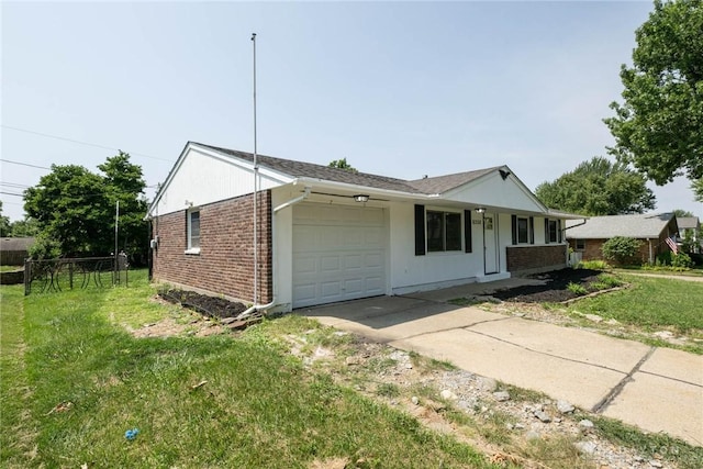 single story home featuring a front lawn, covered porch, and a garage