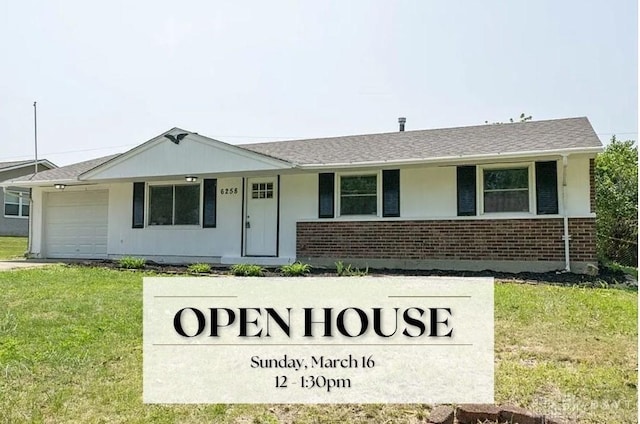 single story home featuring brick siding, an attached garage, and a front lawn