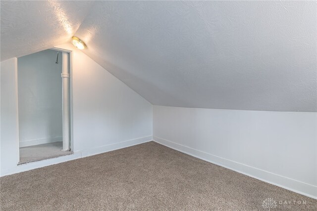 additional living space featuring carpet, lofted ceiling, and a textured ceiling