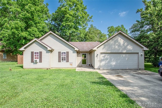 single story home with a front yard, roof with shingles, driveway, and an attached garage