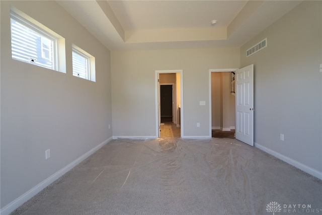 unfurnished bedroom with a spacious closet, a tray ceiling, and light colored carpet