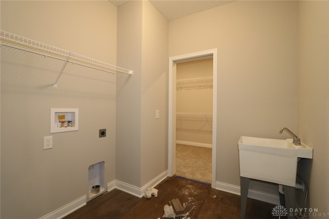 laundry room with hookup for a washing machine, dark wood-type flooring, and hookup for an electric dryer