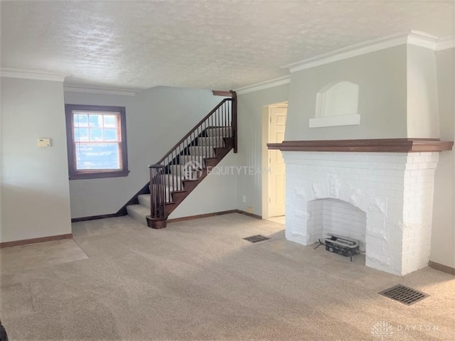 unfurnished living room with light carpet and crown molding