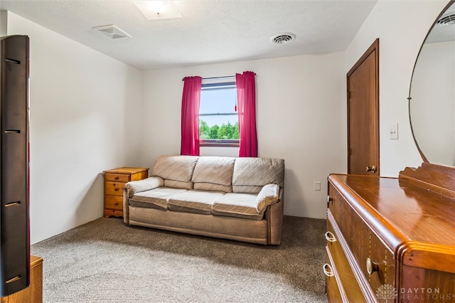 carpeted living room featuring a textured ceiling