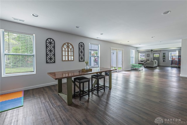 dining area featuring ceiling fan and dark wood-type flooring