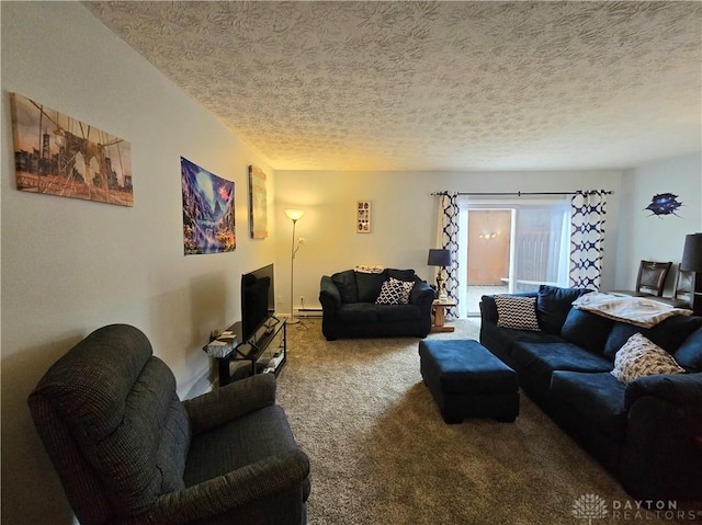 living room featuring a textured ceiling and carpet floors