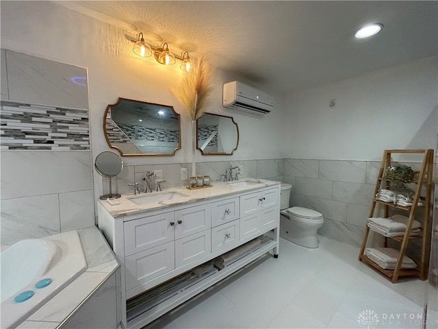 bathroom with a wall mounted air conditioner, tile patterned floors, tile walls, double vanity, and a bath