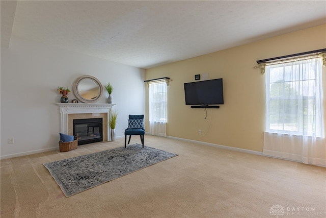 carpeted living room with a fireplace and a healthy amount of sunlight