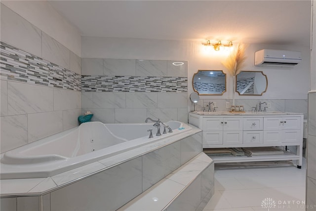 bathroom featuring a wall mounted AC, tile patterned floors, double sink vanity, and tile walls