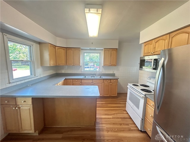 kitchen with appliances with stainless steel finishes, backsplash, a healthy amount of sunlight, and light wood-type flooring