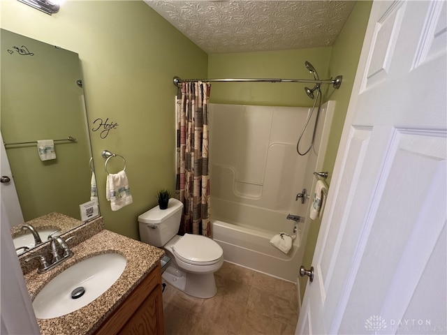 full bathroom with shower / tub combo with curtain, vanity, a textured ceiling, and toilet